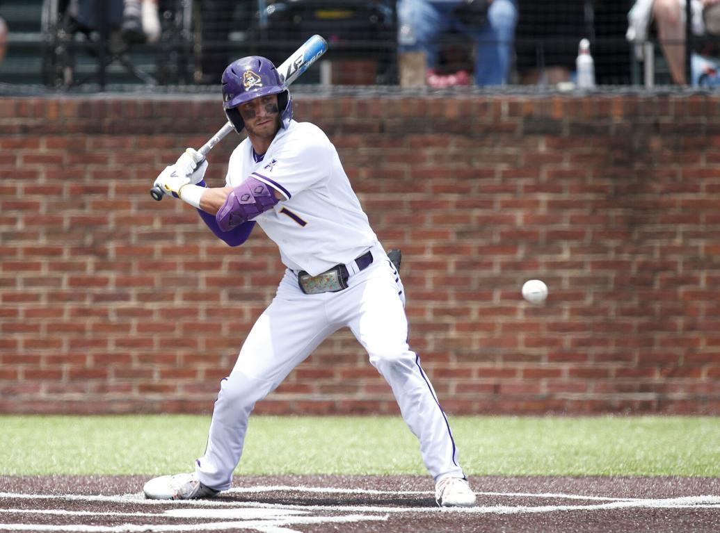 Connor Norby hits for the East Carolina baseball team.